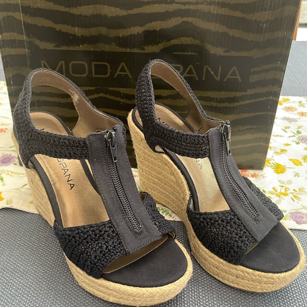 Moda Spana, Betsy-C Espadrille Wedge Sandals, Navy String/Canvas, Size 6.5